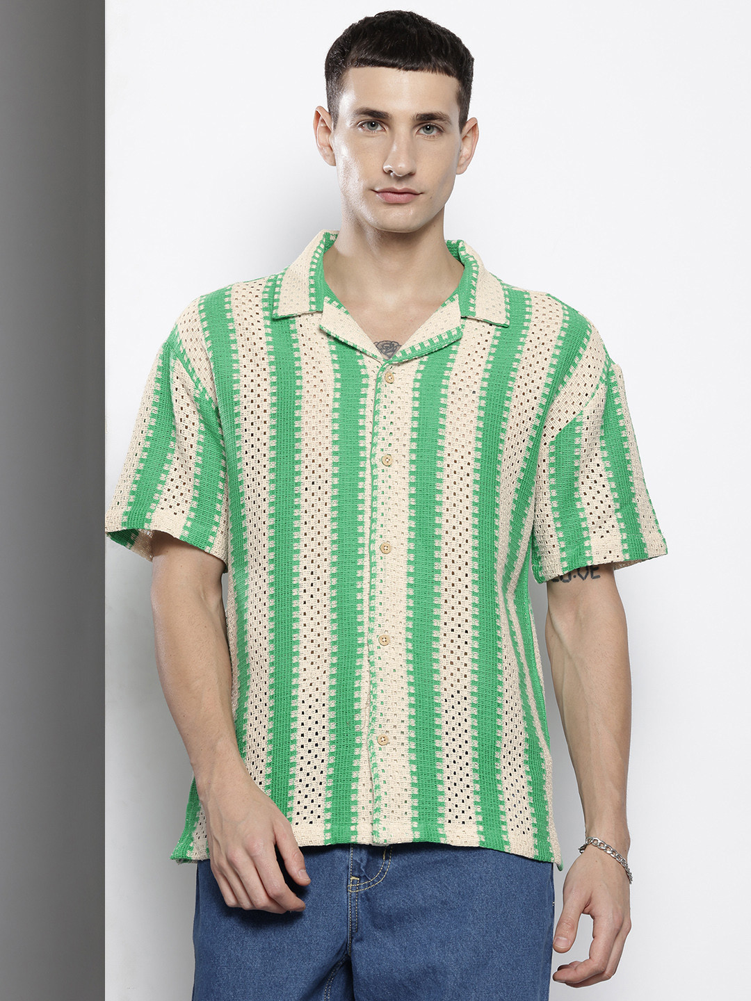 The Indian Garage Co Men Textured Open Weave Knitted Relaxed Fit Shirt