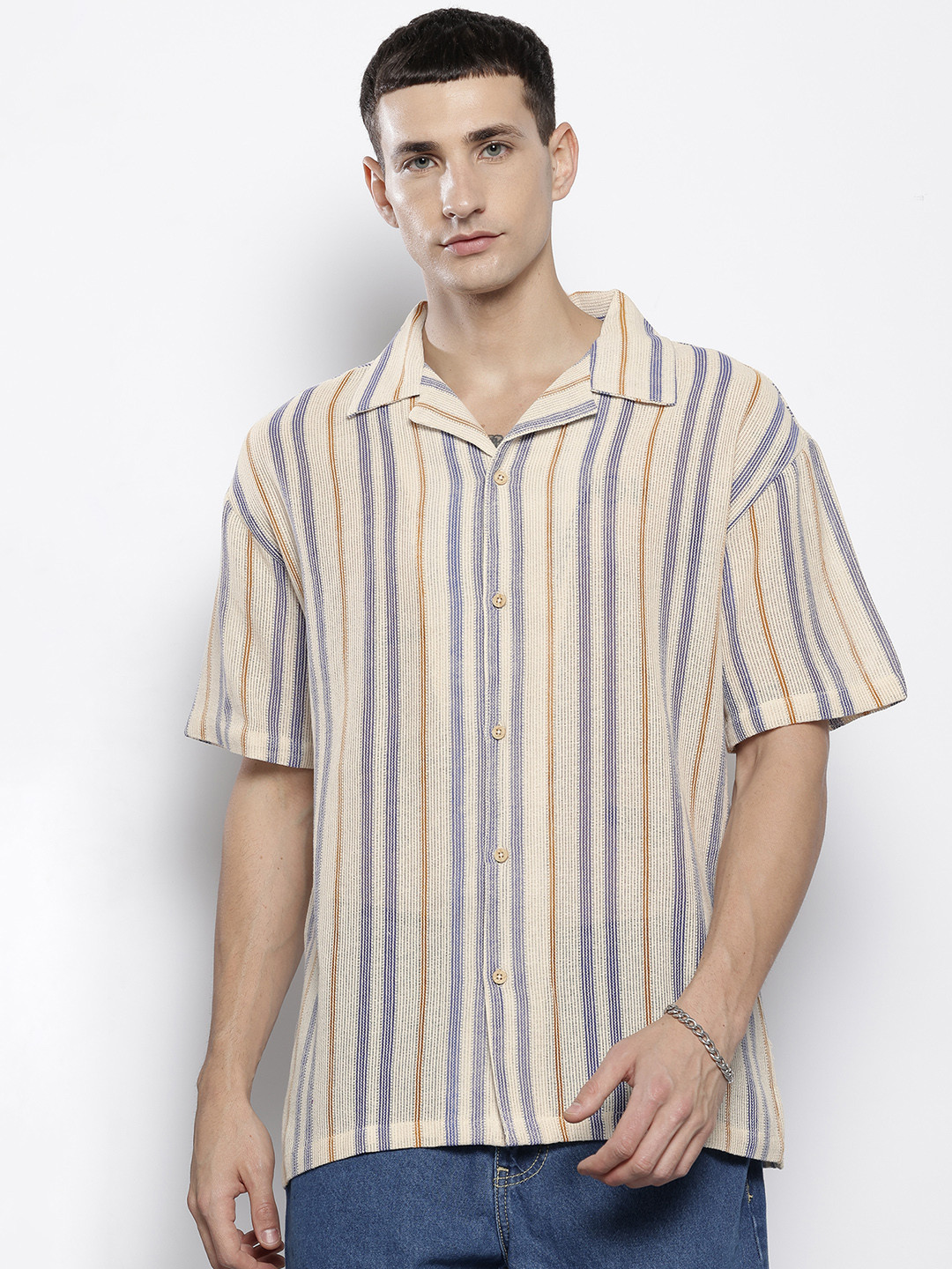 The Indian Garage Co Men Textured Open Weave Knitted Relaxed Fit Shirt