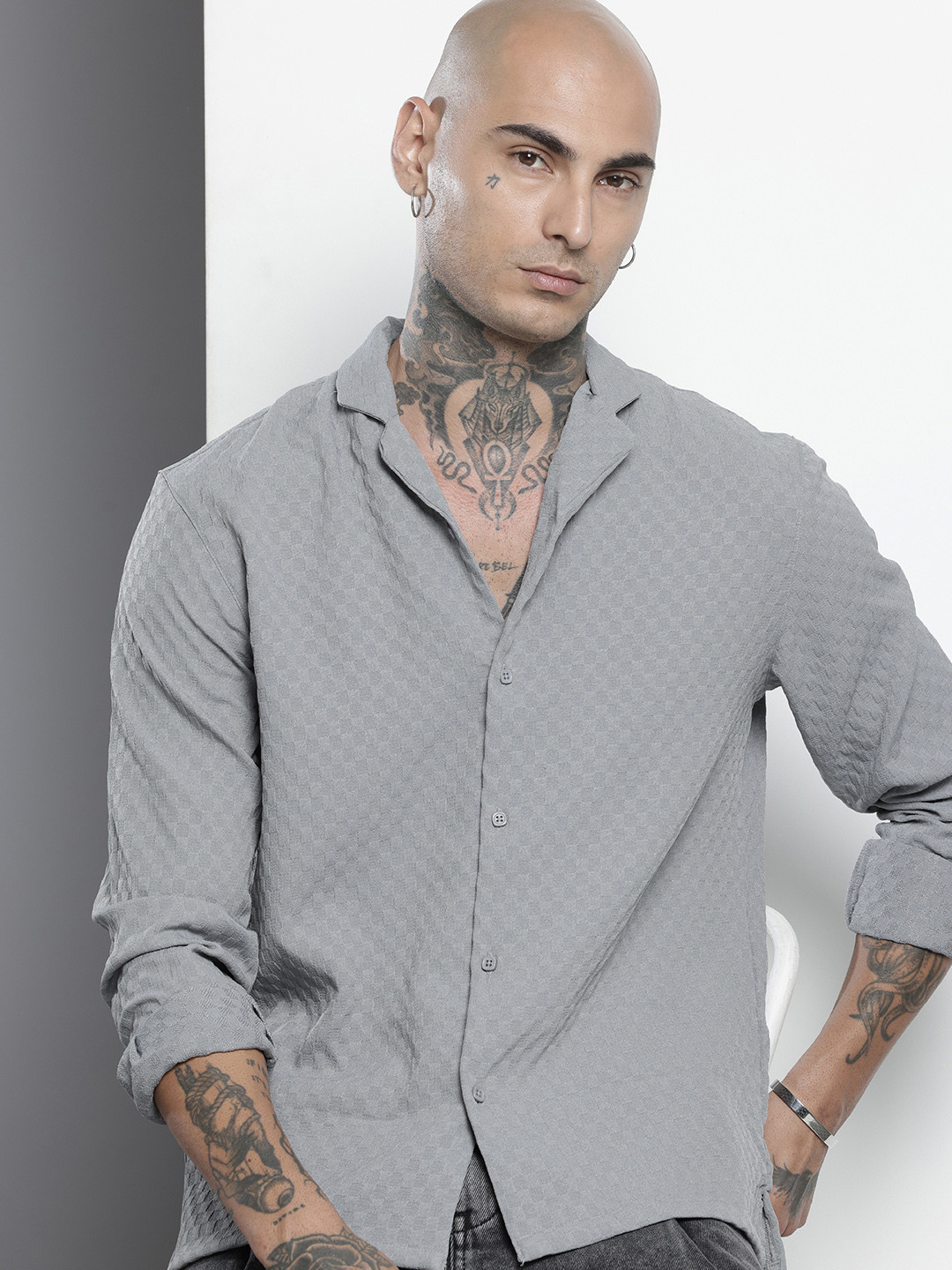 The Indian Garage Co Self Checked Cuban Collar Casual Relaxed Fit Shirt