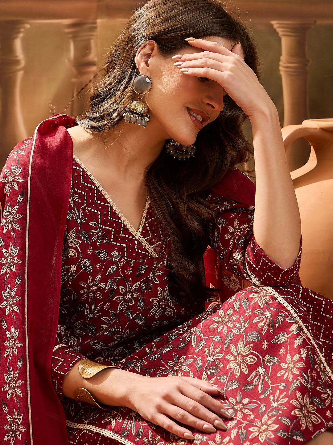 Sangria Women's Red Ethnic Printed Cotton Straight Kurta Pant Dupatta Set