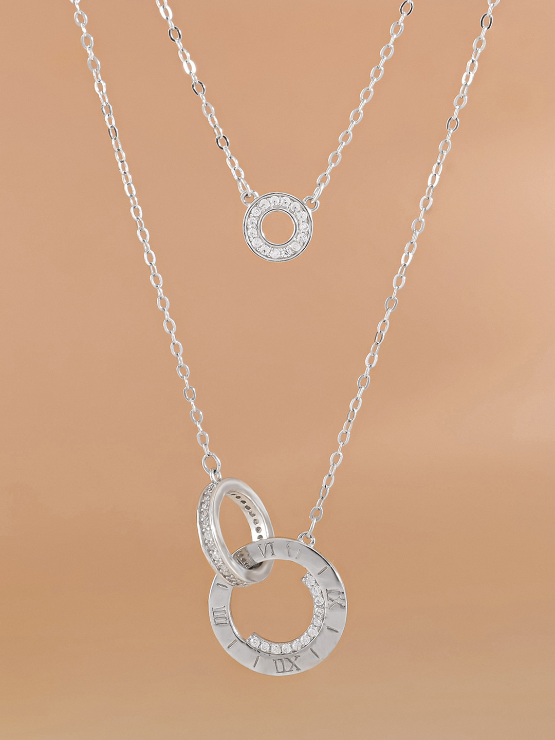 TOUCH925 Silver Cubic Zirconia Studded Circular Embrace Layered Necklace