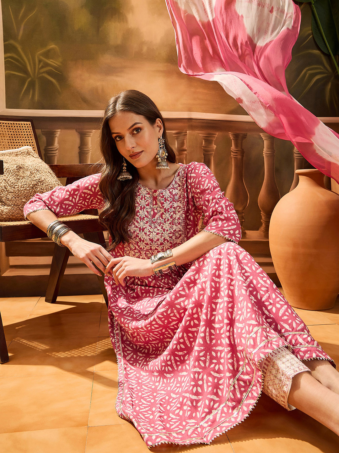 Sangria Women Printed Sequinned Naira Cut A-Line Kurta With Trousers & Dupatta Set