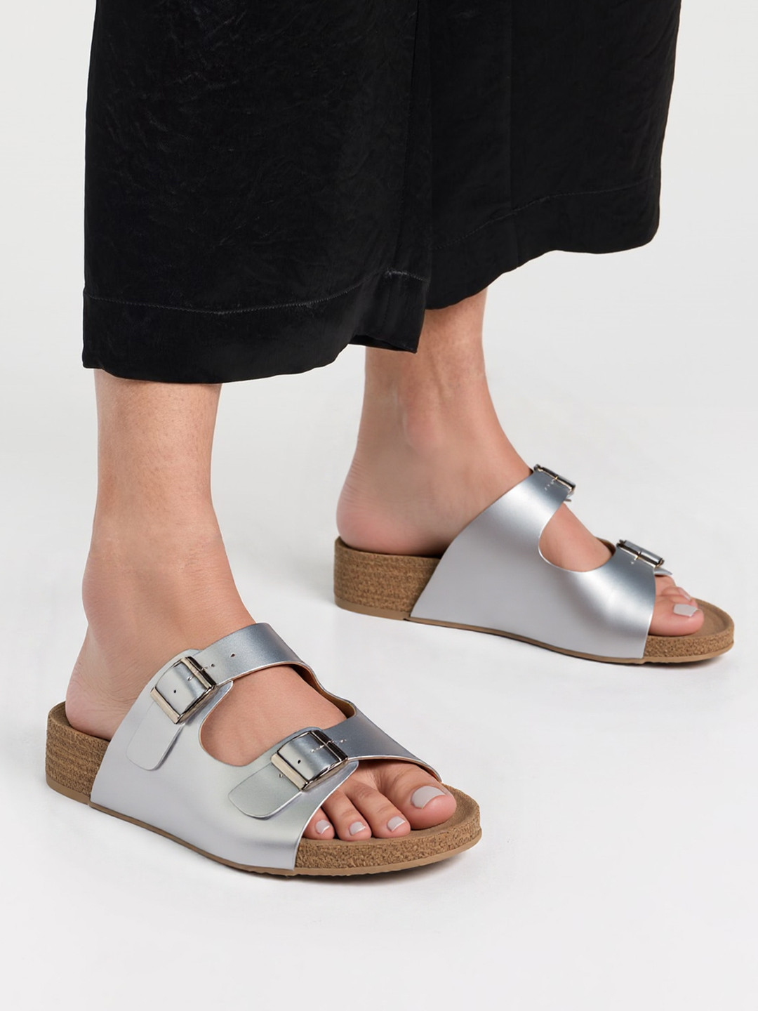 Chere Women Beige Comfort Dual-Buckle Slip-On Flat