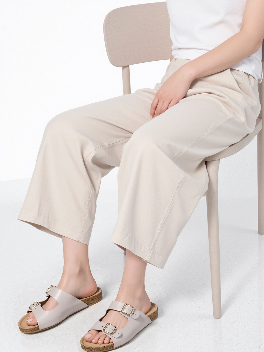 Chere Women Beige Comfort Dual-Buckle Slip-On Flat