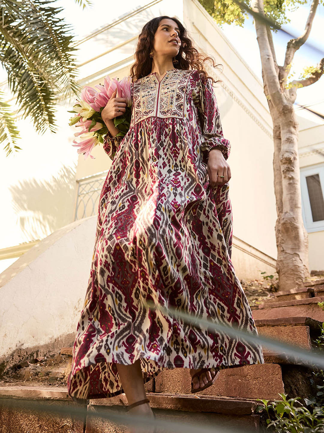 Lakshita Wine Printed Rayon Flared Dress for Women