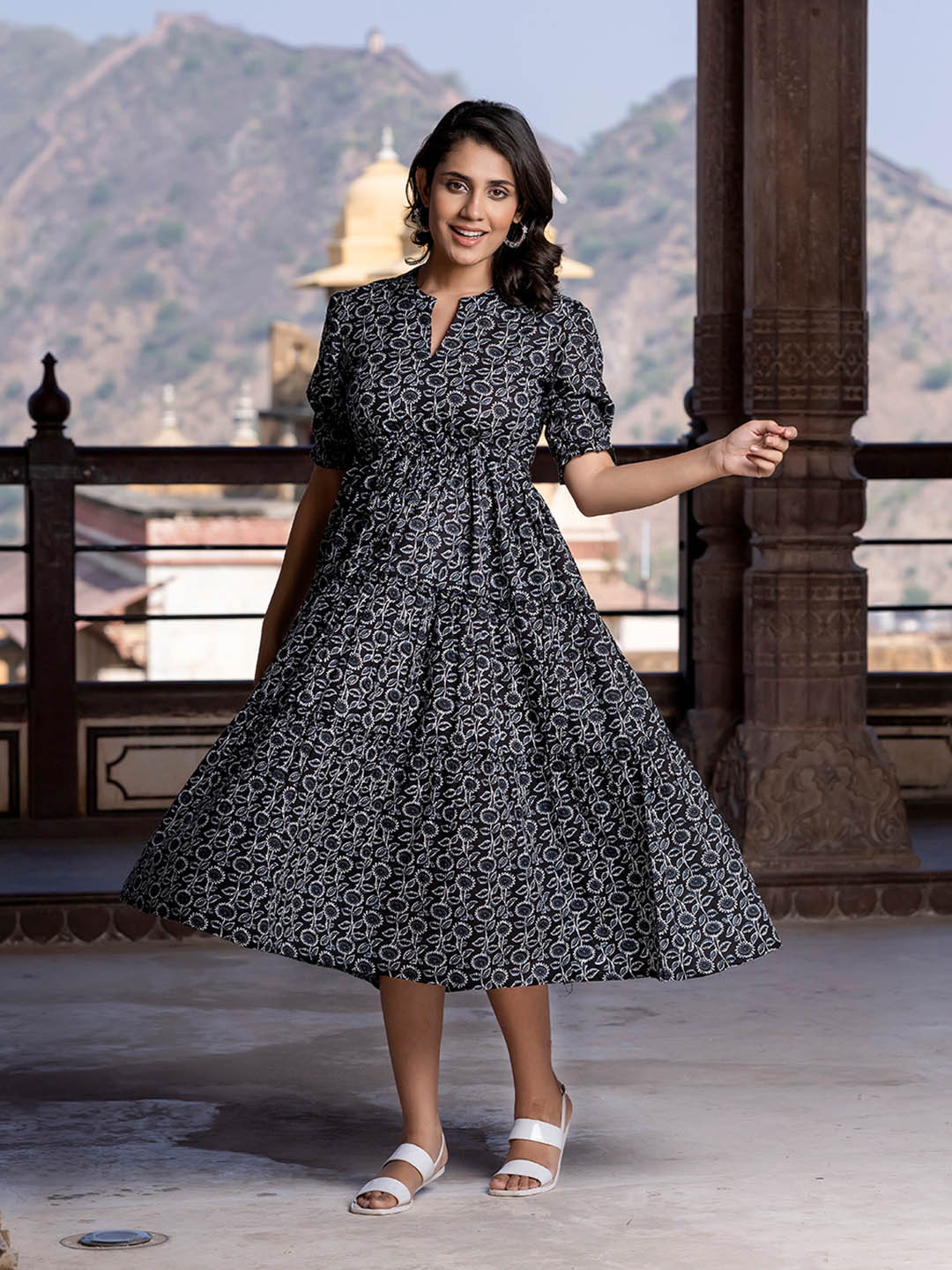 KALINI Print Puff Sleeve Fit & Flare Maxi Dress