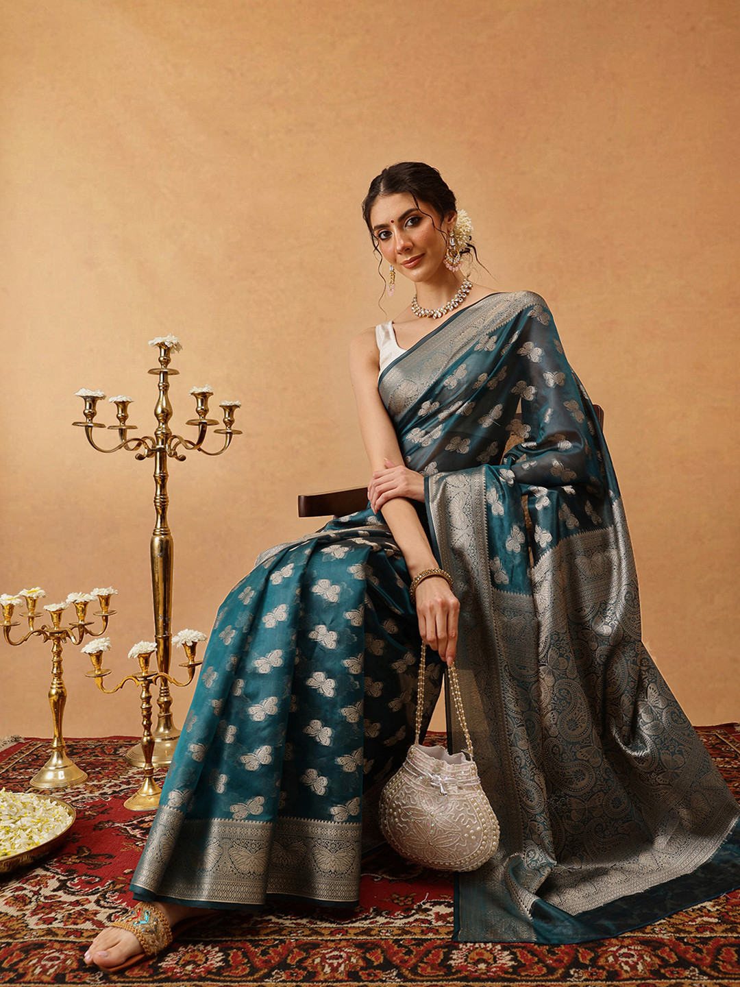 DIVASTRI Butterfly Design Banarasi Organza Soft Silk Teal Saree