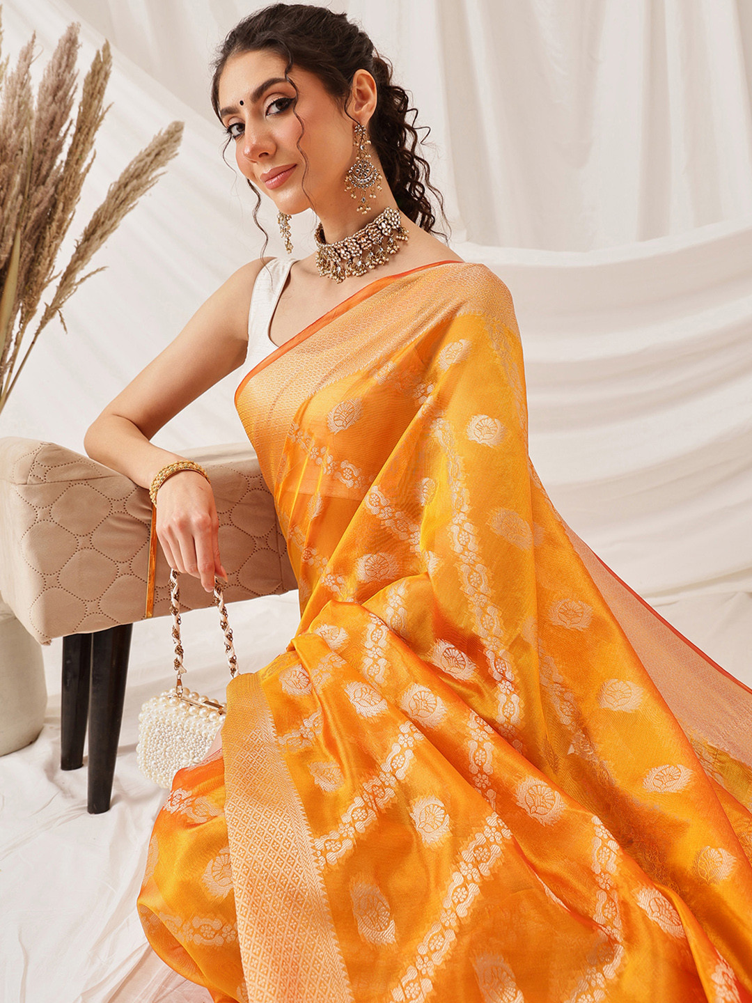 DIVASTRI Organza Soft Silk Yellow Saree With Floral Border