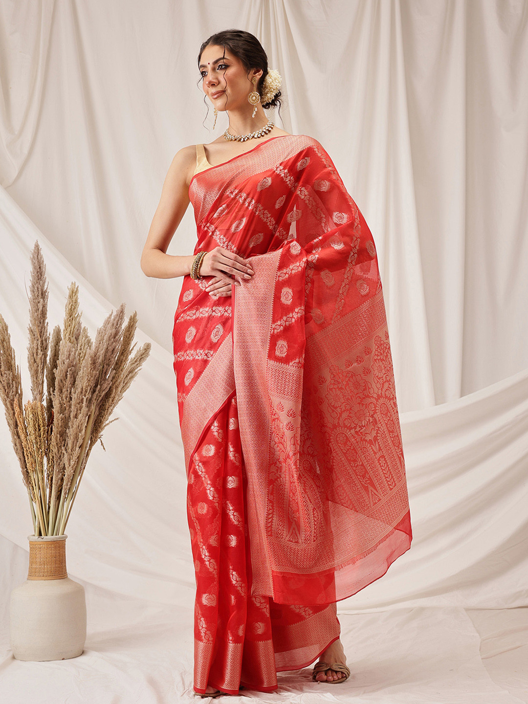 DIVASTRI Organza Soft Silk Red Saree With Floral Border
