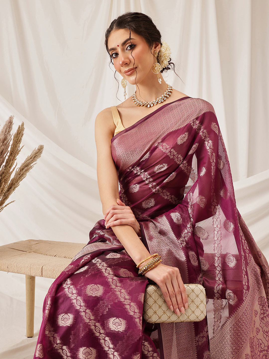 DIVASTRI Organza Soft Silk Wine Saree With Floral Border