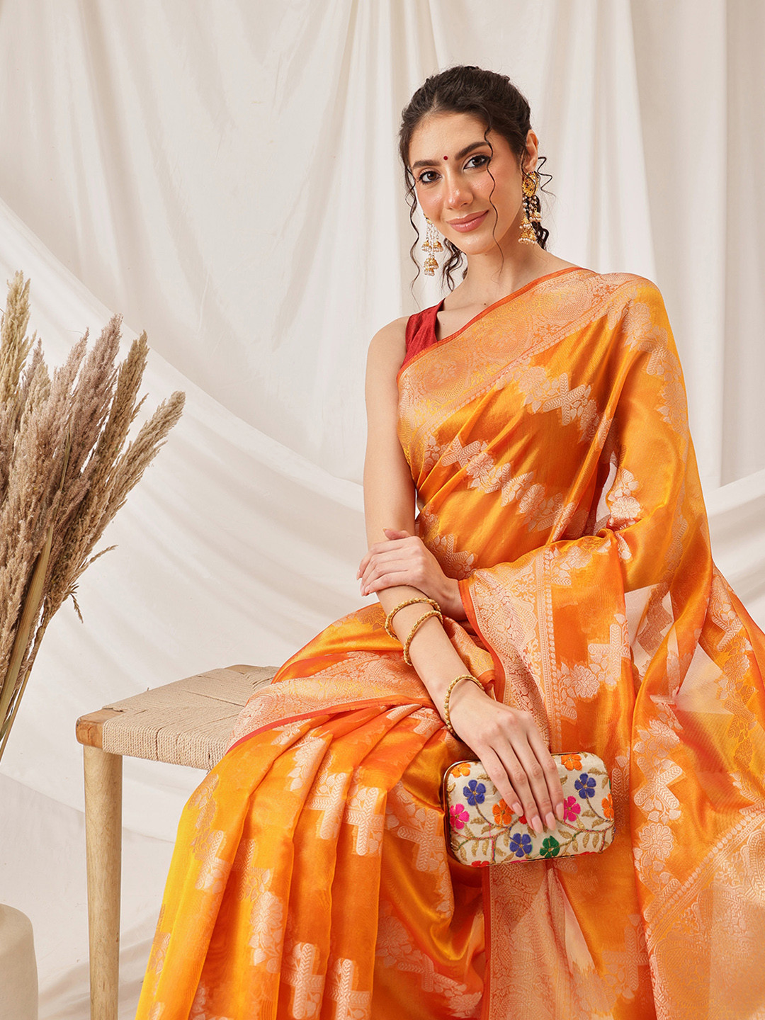 DIVASTRI Laheriya Floral Banarasi Organza Soft Silk Yellow Saree