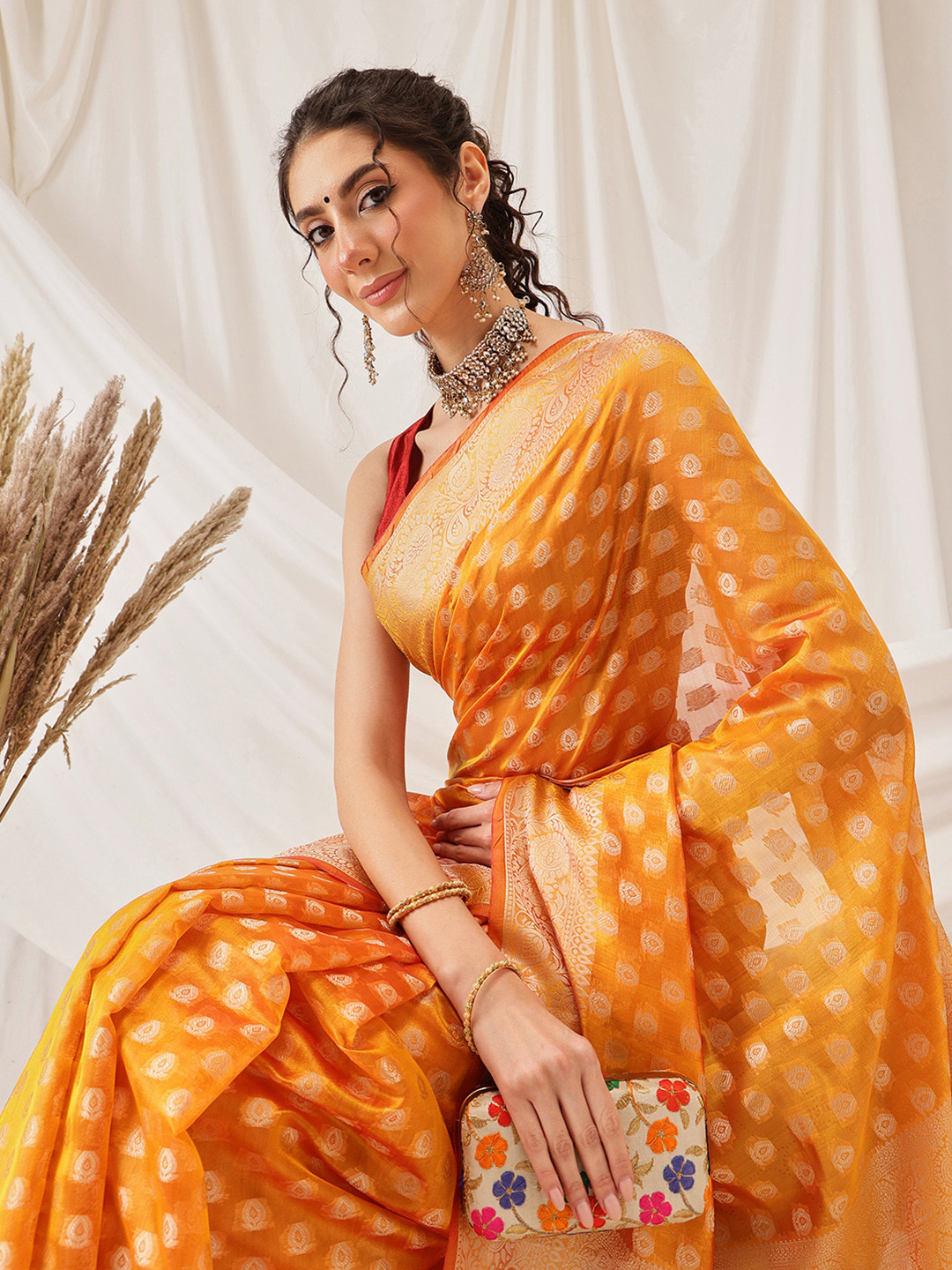 DIVASTRI Banarasi Organza Soft Silk Yellow Saree