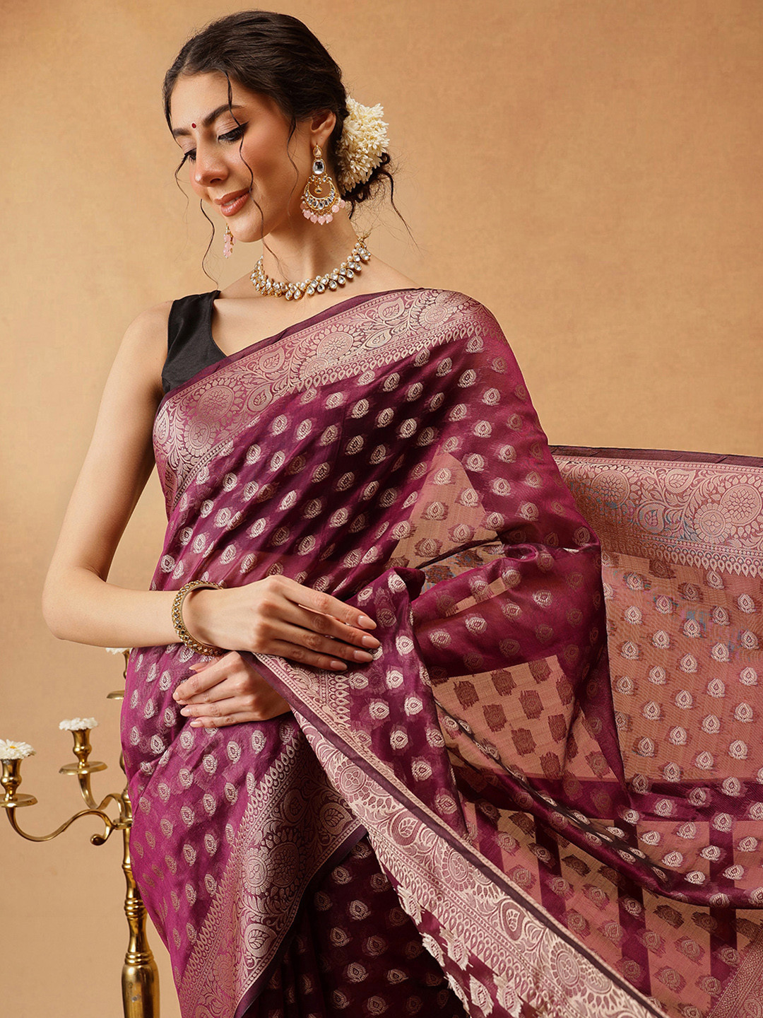 DIVASTRI Banarasi Organza Soft Silk Wine Saree