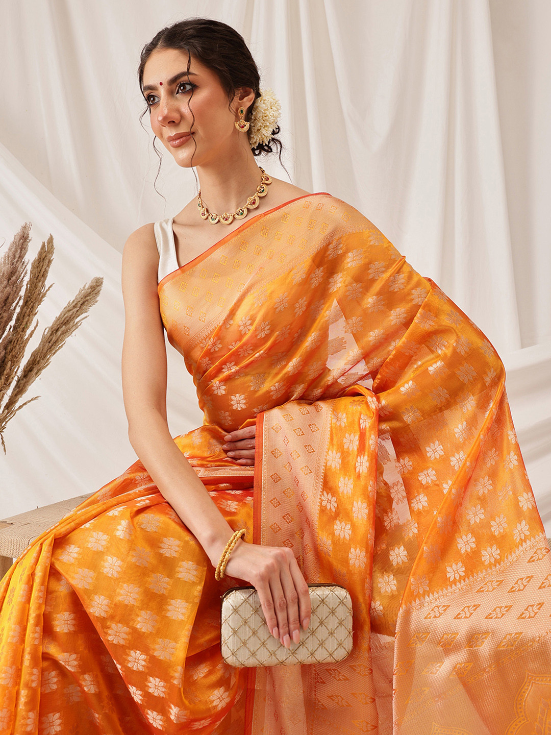 DIVASTRI Floral Soft Silk Organza Banarasi Saree with Small Border