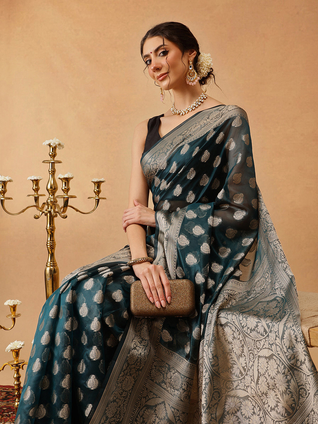 DIVASTRI Banarasi Organza Soft Silk Teal Saree With Small Floral Border