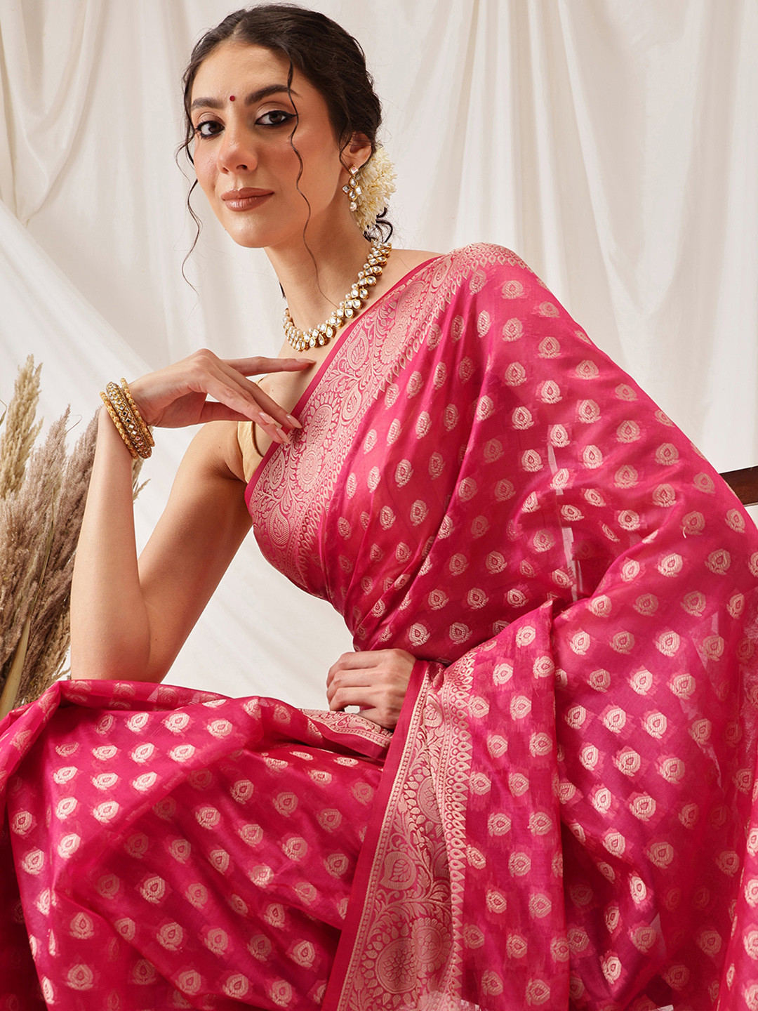 DIVASTRI Banarasi Organza Soft Silk Pink Saree