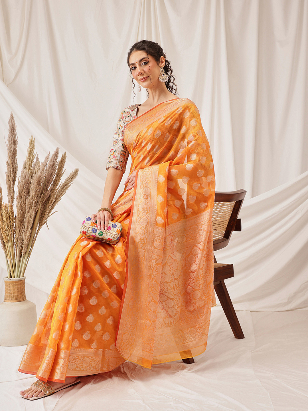 DIVASTRI Banarasi Organza Soft Silk Yellow Saree With Small Floral Border