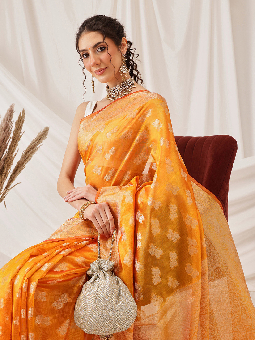 DIVASTRI Butterfly Design Banarasi Organza Soft Silk Yellow Saree