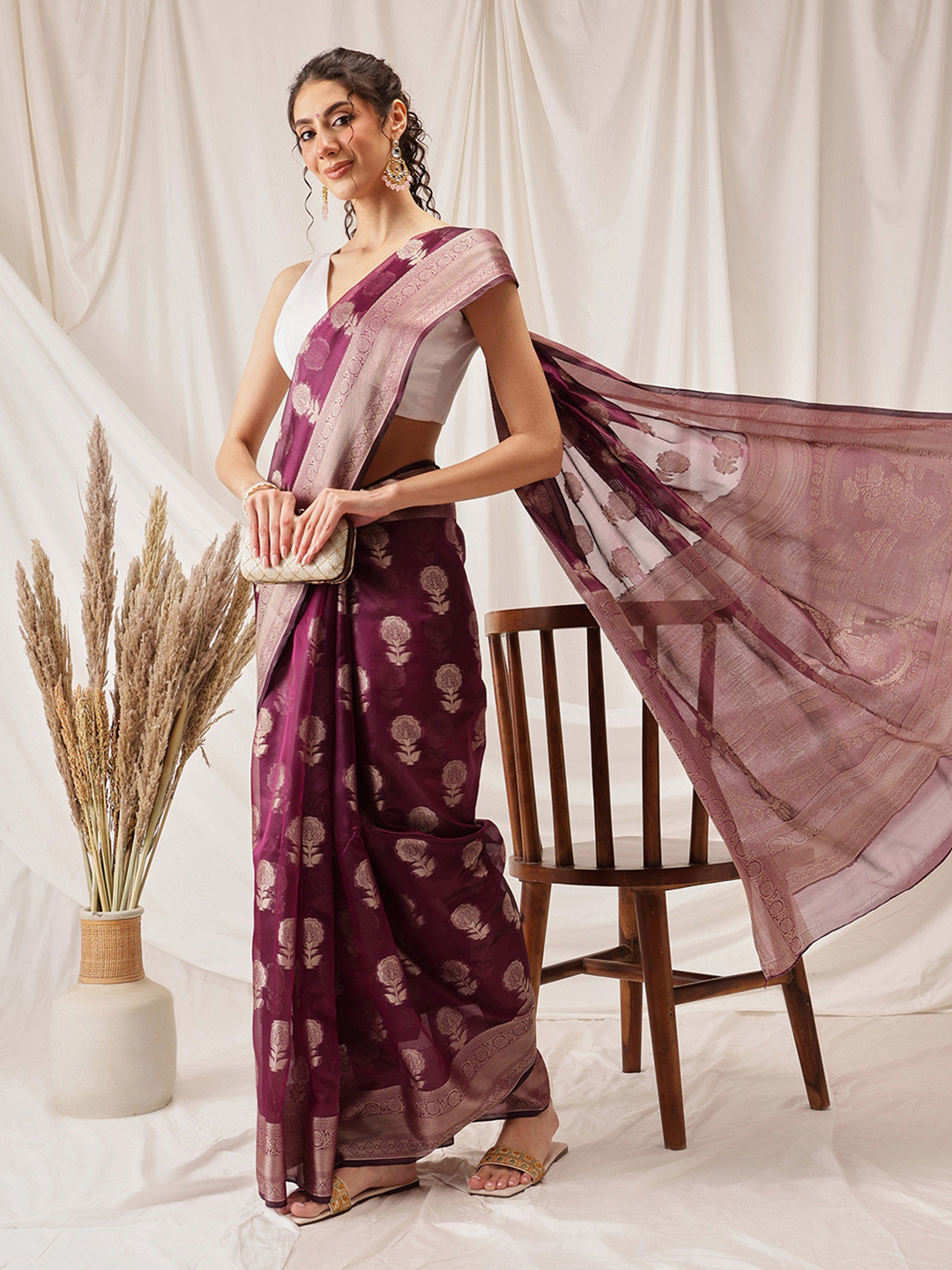 DIVASTRI Floral Banarasi Organza Soft Silk Wine Saree
