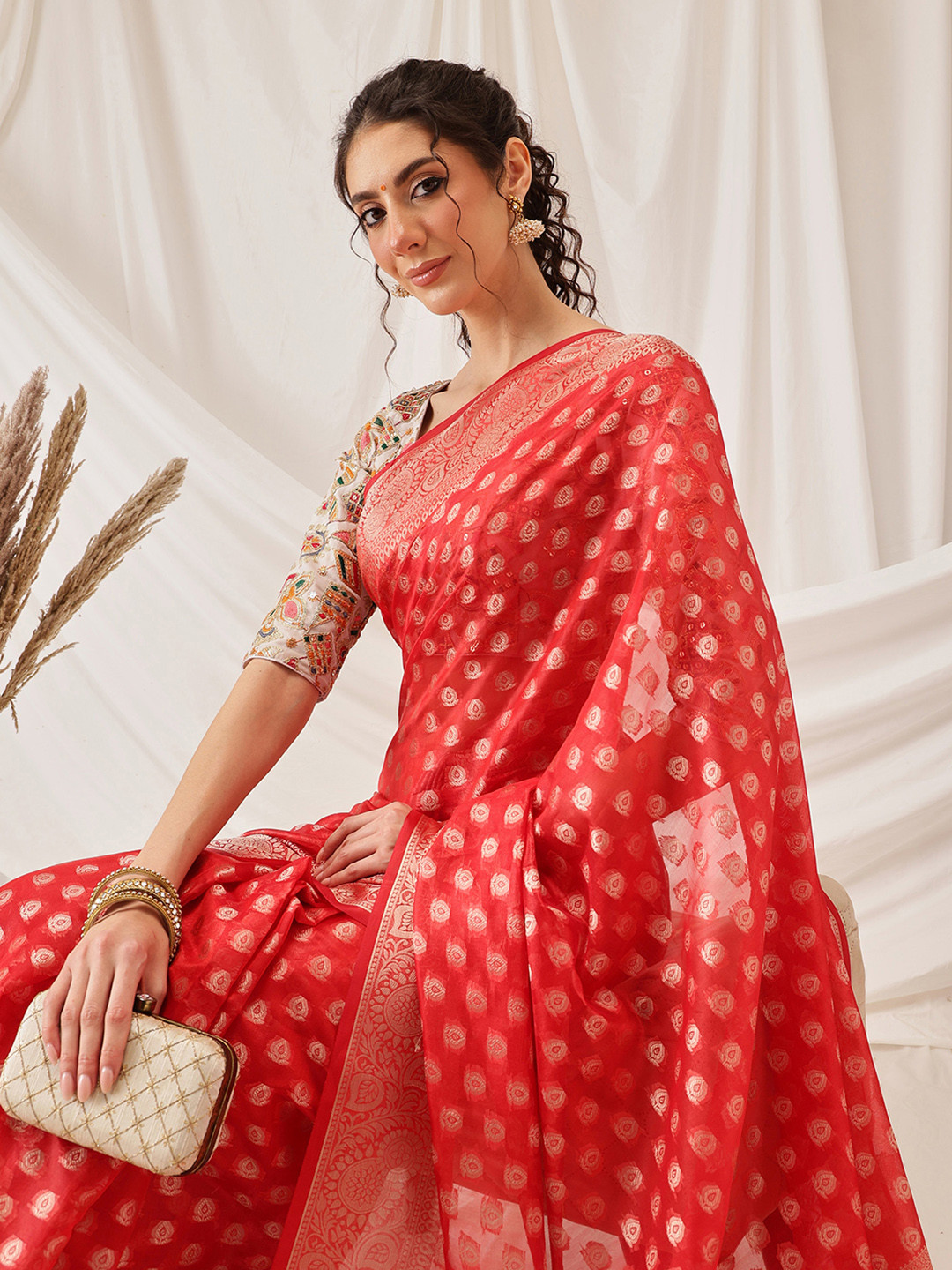 DIVASTRI Banarasi Organza Soft Silk Red Saree