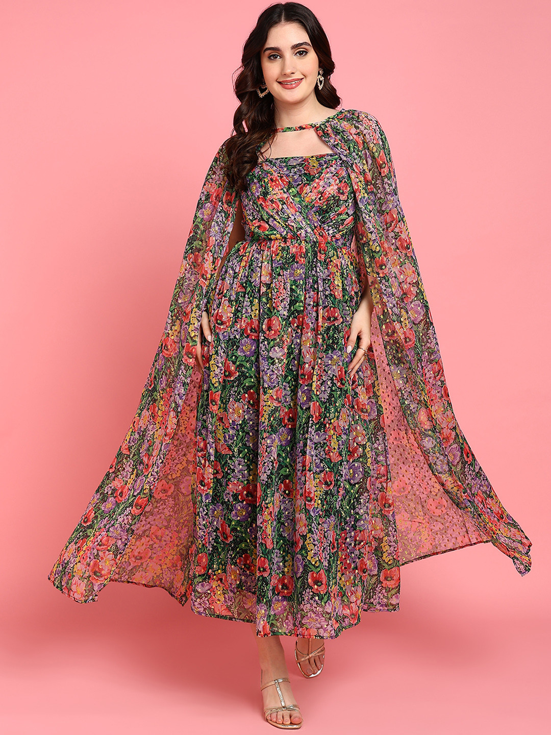 Shades of Sabi Floral Print Georgette Maxi Dress