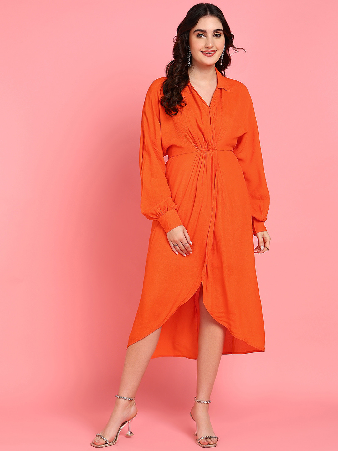 Shades of Sabi Solid Orange Shirt Collar Wrap Midi Dress