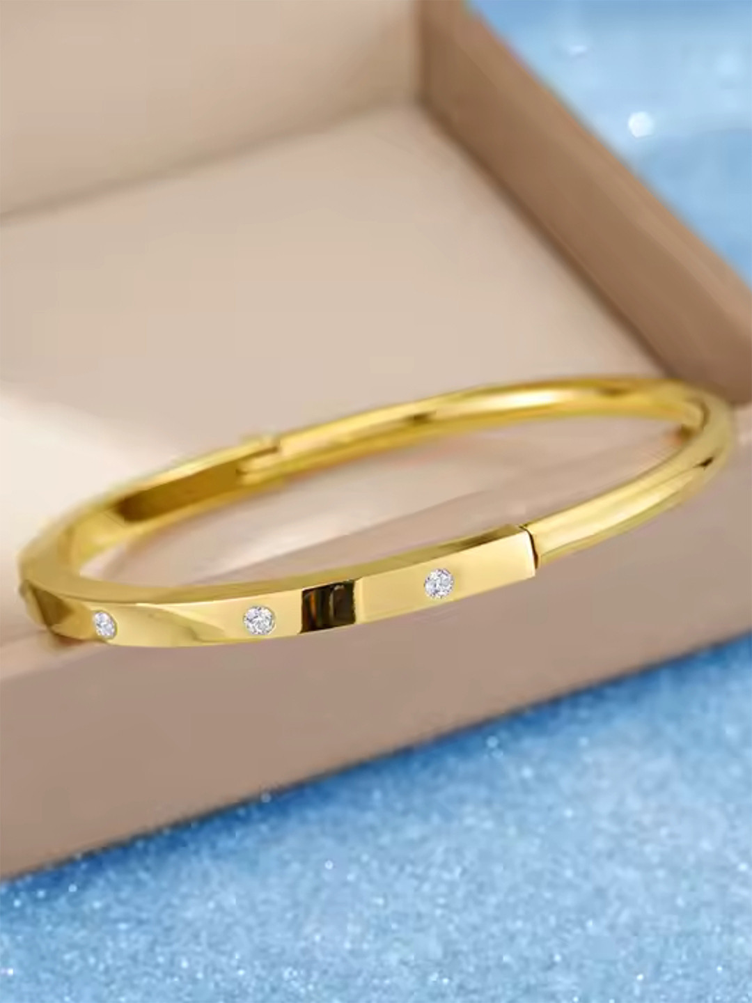 Zaisha 18KT Gold Plated Stainless Steel Stone Studded Lux Lock Bangle-Style Bracelet