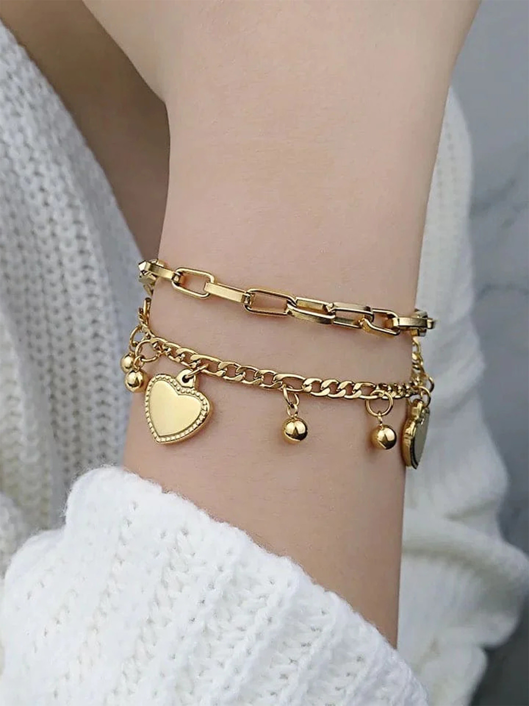 ZAISHA 18KT Gold Plated Stainless Steel Heart Shaped Multistrand Bracelet Stack