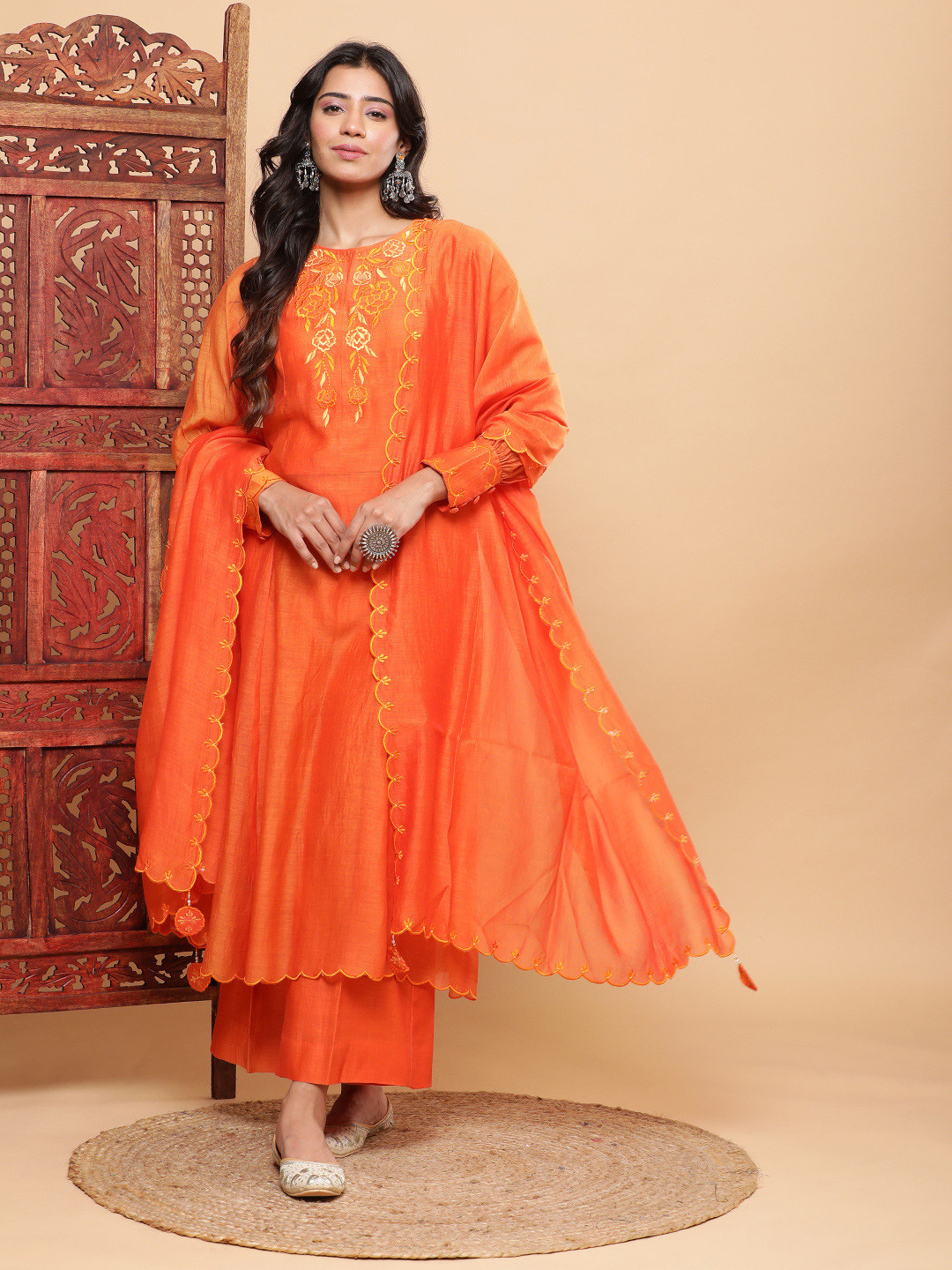 BohoJazz Nazm Embroidered Cuff-Sleeves A Line Kurta with Dupatta Rust Orange