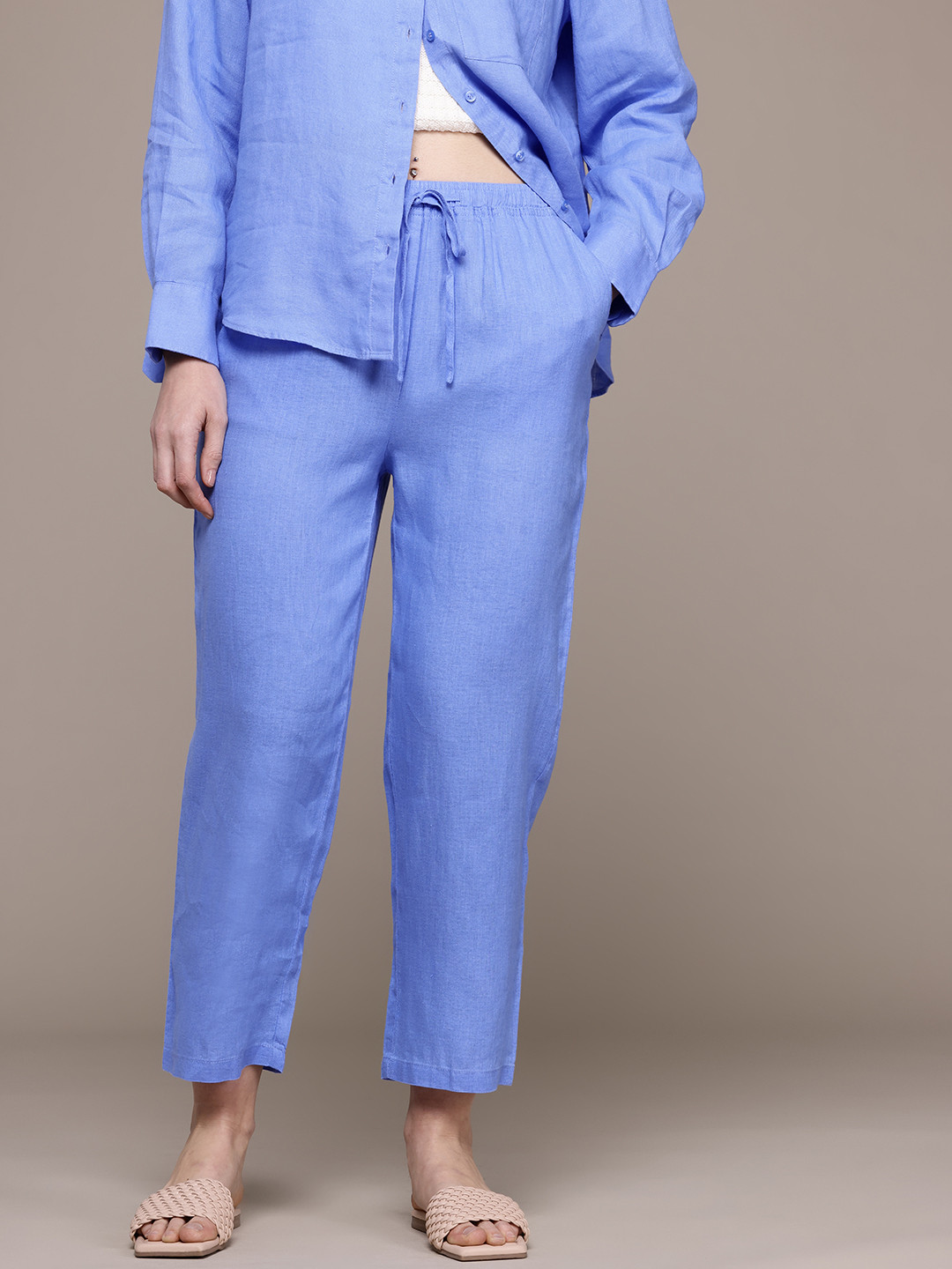 MANGO Women Linen Cotton Cropped Trousers