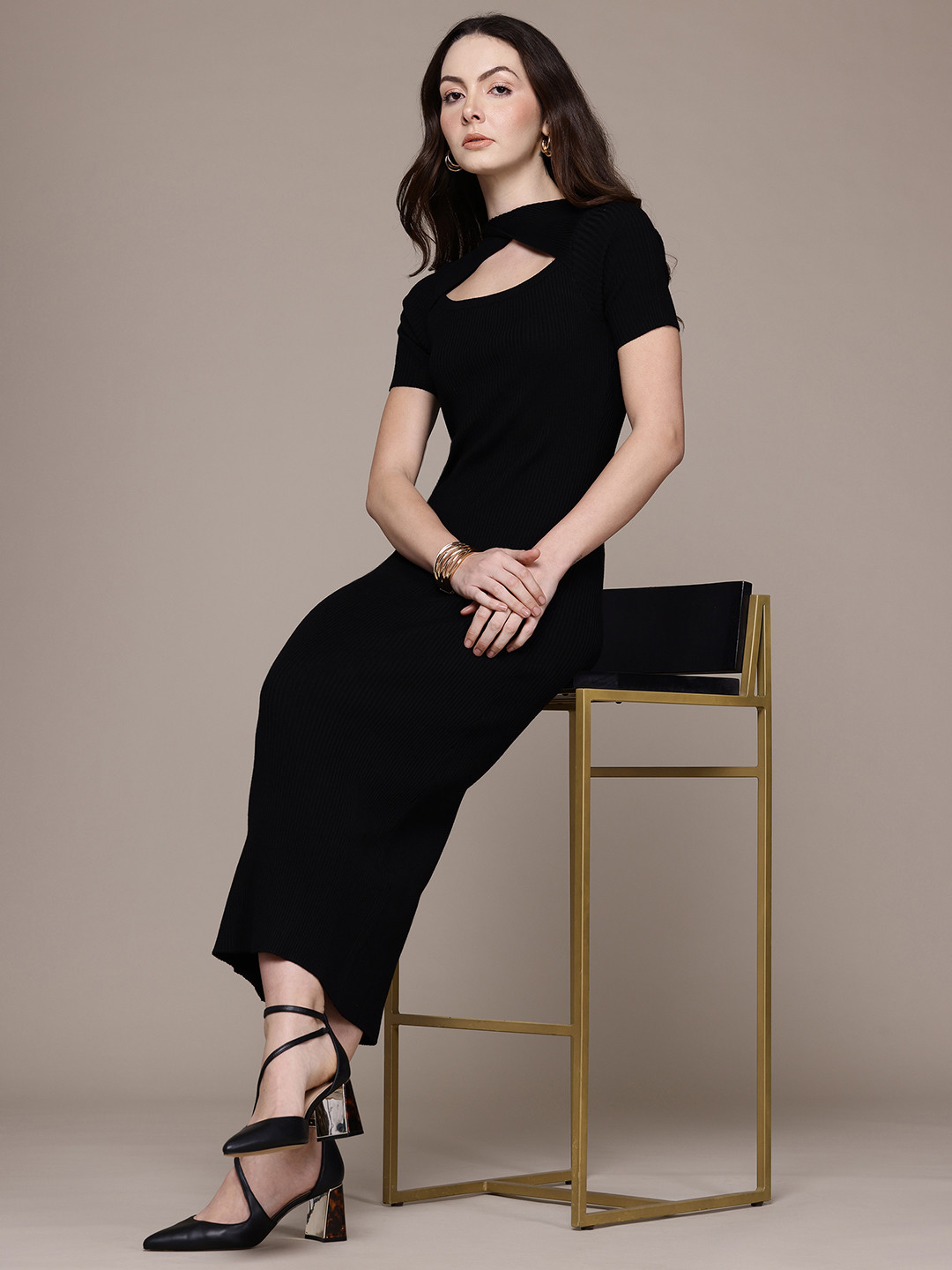 MANGO Ribbed Cut-Out Bodycon Midi Dress