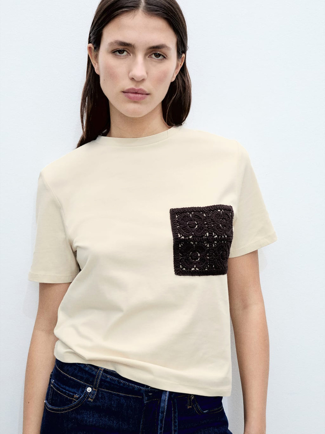 MANGO Women Pure Cotton T-shirt with Lace Detail