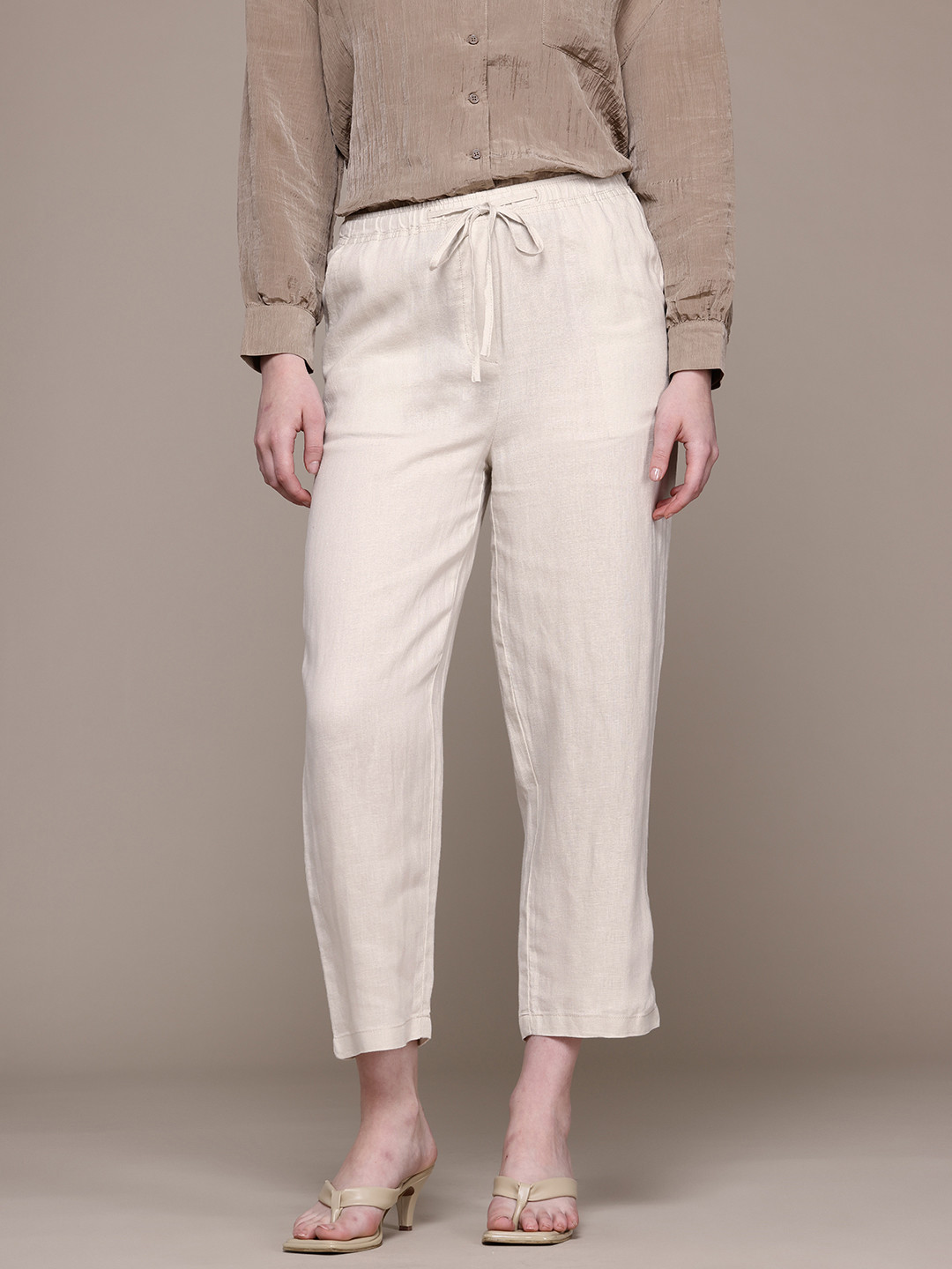 MANGO Women Pure Linen Cropped Trousers