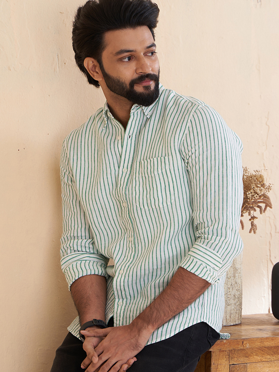 PINK SUPPLY Men Causal Button Down Linen Shirts In Stripes