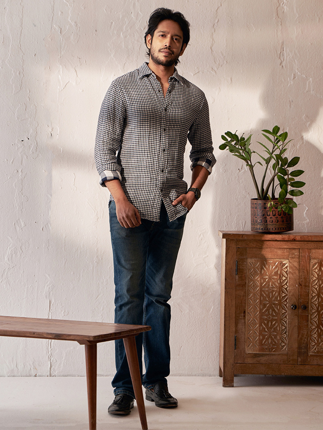 PINK SUPPLY Men Classic Gingham Checks Light Weight Double Fabric Casual Shirt