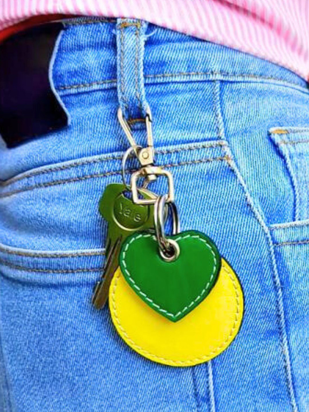 PERKED Yellow & Green Leather Heart Shaped Key Chain