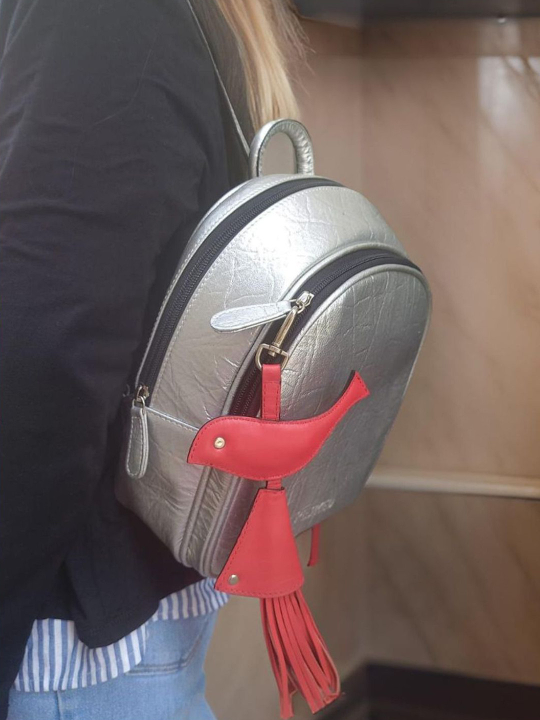 PERKED Red Leather Bird Shaped Key Chain