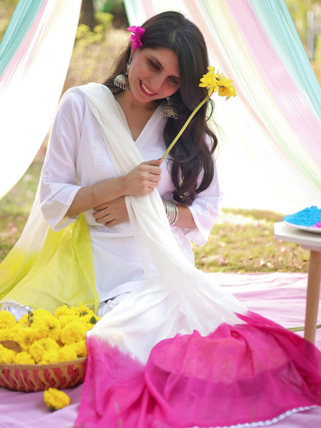 Kalini Women Rayon Embroidery A Line Kurta & Trousers With Tie & Dye Dupatta Set