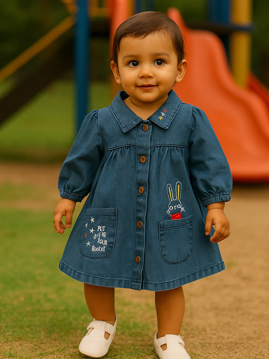 MeeMee Embroidered Denim Fit & Flare Dress