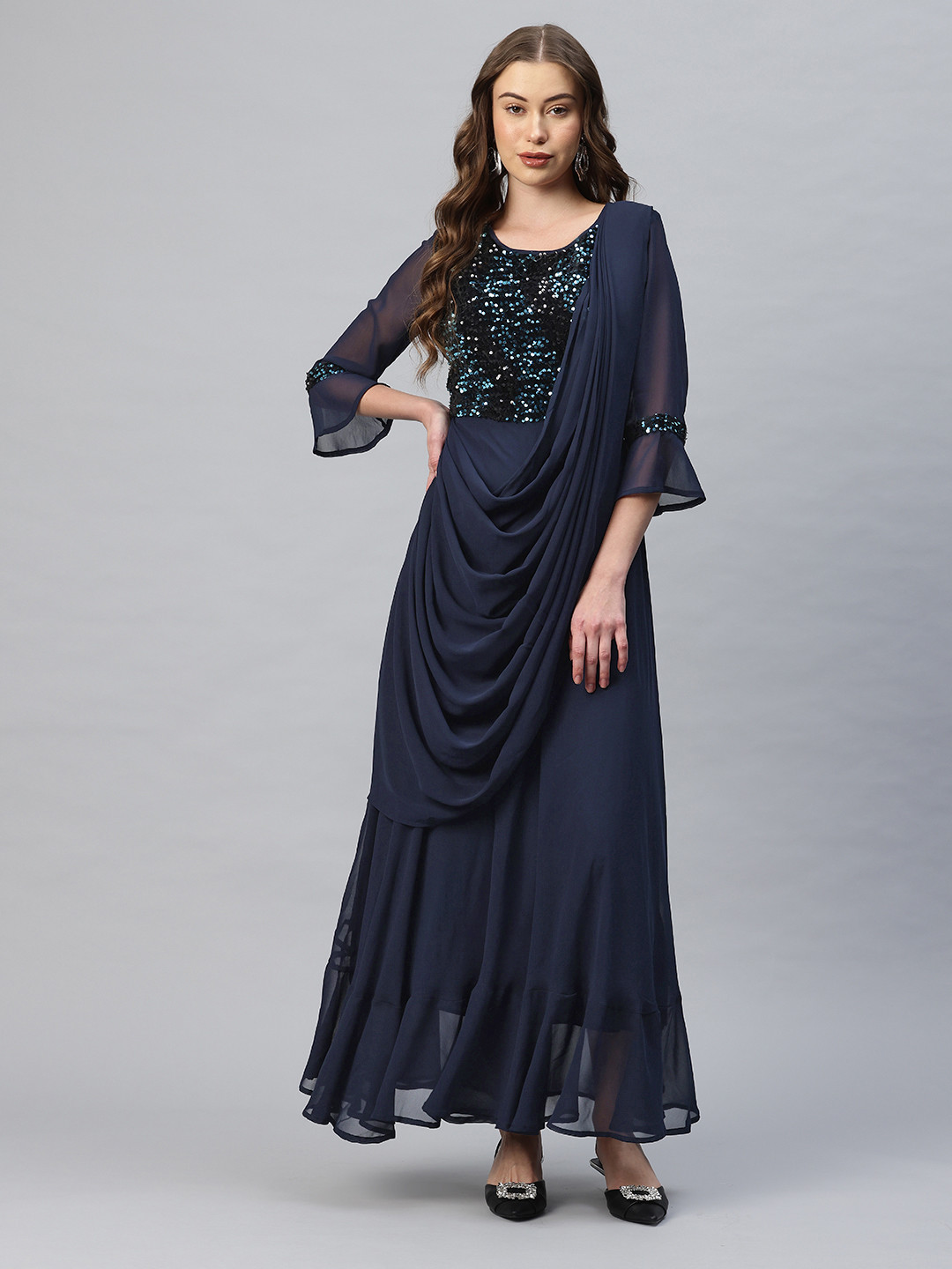 Cottinfab Embellished Bell Sleeve Layered Draped Georgette A-Line Maxi Dress