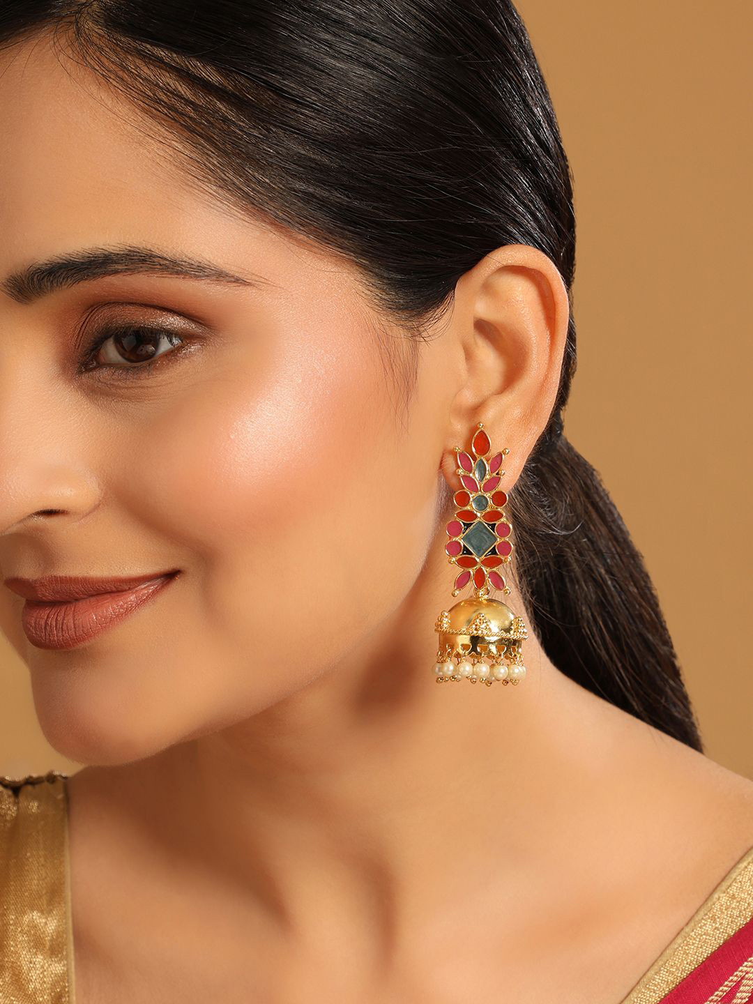 Nuyug  22K Gold-Plated Enamel & Beaded Dome Shaped Jhumka Earrings