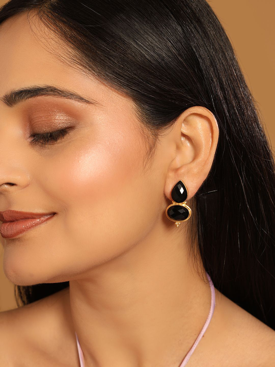 Nuyug  22K Gold-Plated Black Embrace Crystals Studded Contemporary Drop Earrings