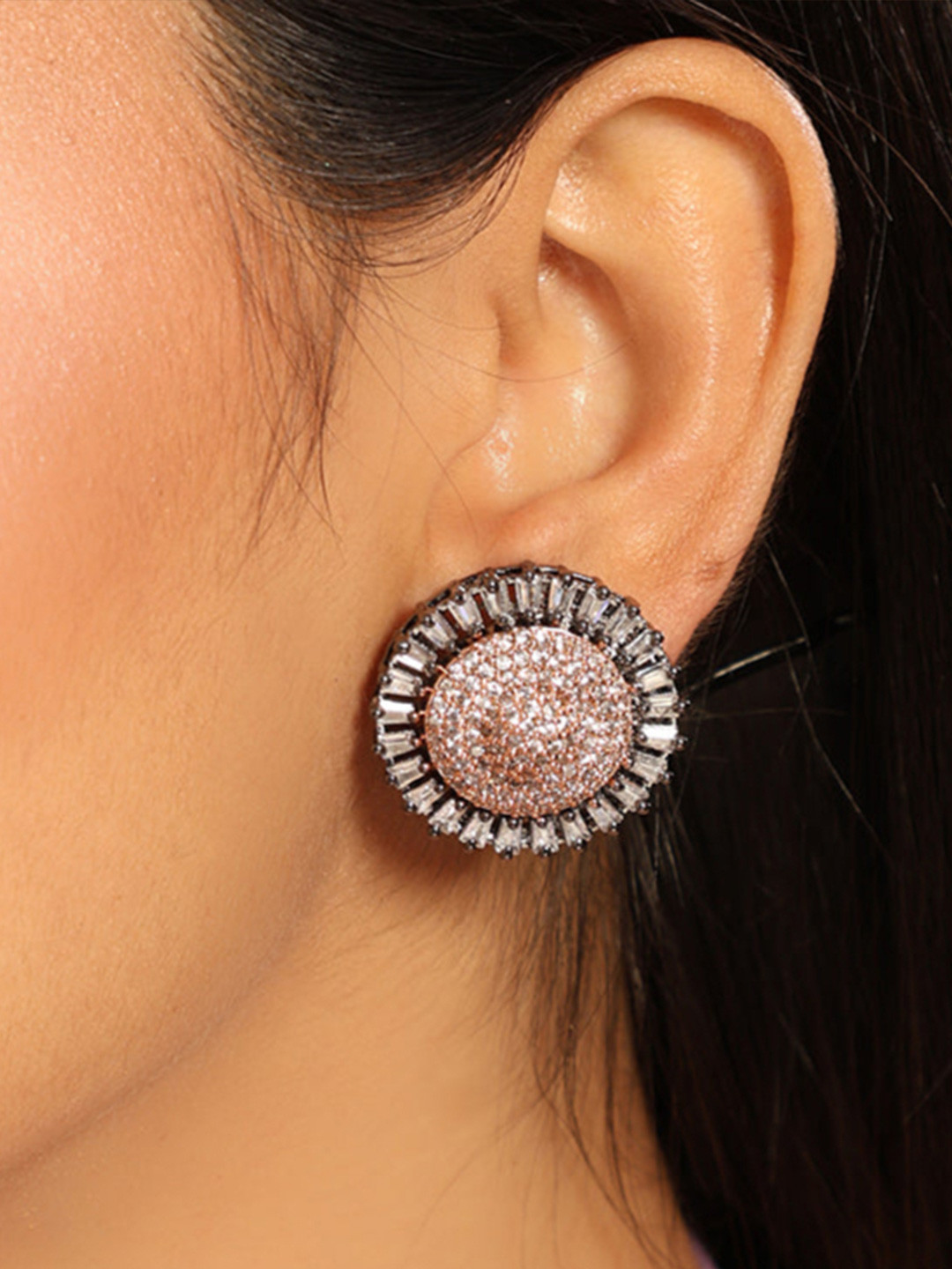 Nuyug  Modern Edge Rhodium-Plated Rhinestone Studded Circular Shaped Diamond Studs