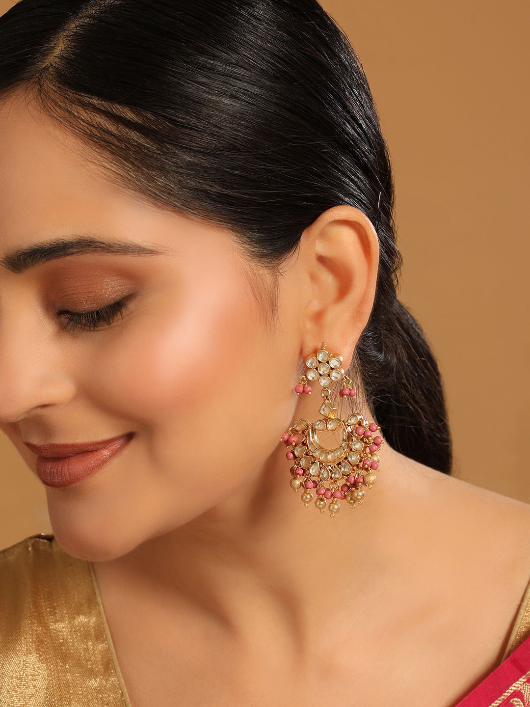 Nuyug  22K Gold Plated Kundan Stone Studded Contemporary Shape Green Bead Drops Chandbalis