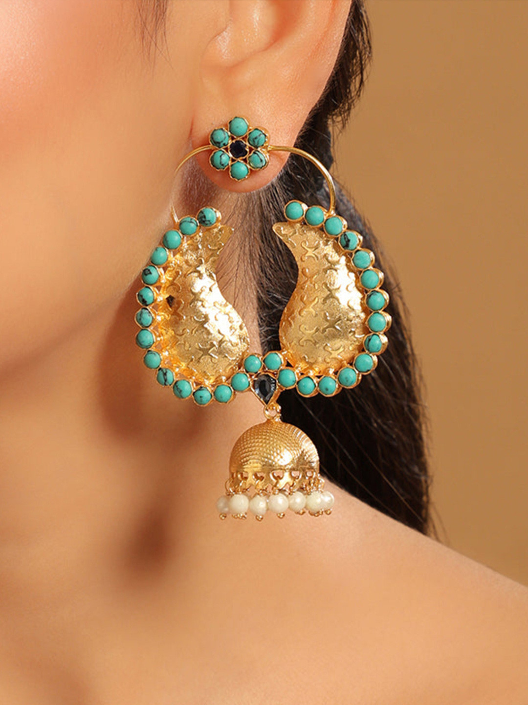 Nuyug  22K Gold Plated Turquoise Stone Studded Contemporary Mini Jhumki Dangler Earrings