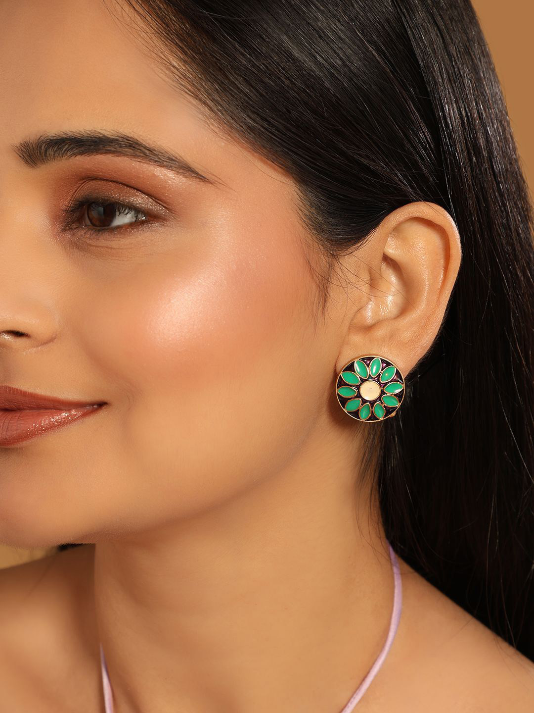 Nuyug  22K Gold Plated Circular Shaped Sea Green Enamelled Floral Motif Studs