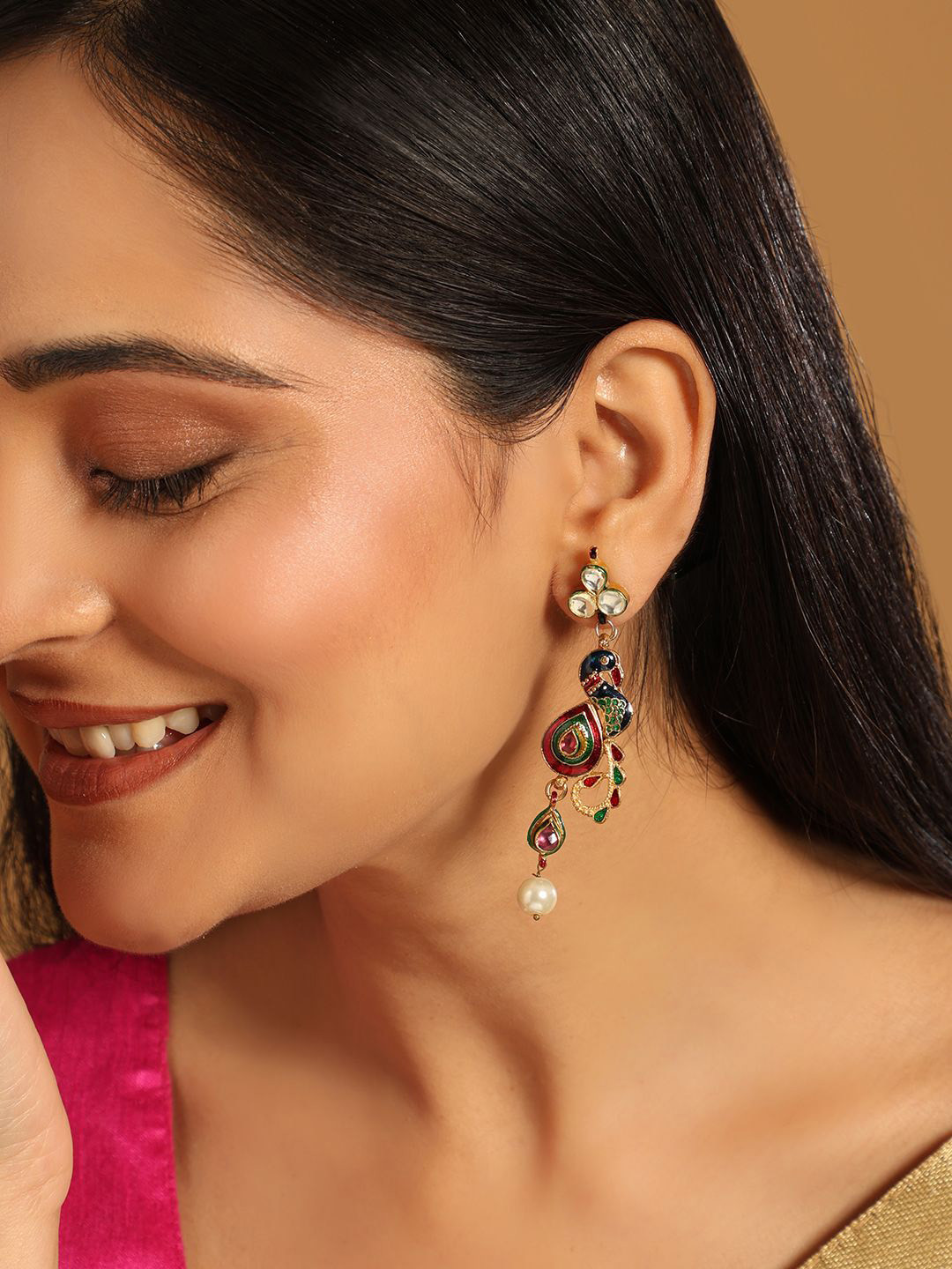 Nuyug  22K Gold Plated Pearl Drop Kundan Studded Ethnic Peacock Shaped Drop Earrings