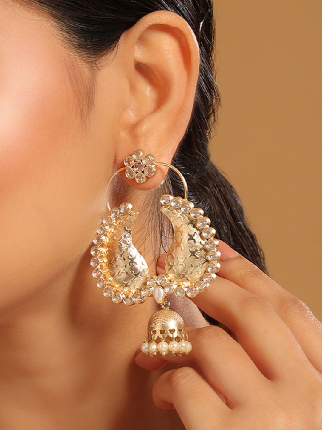 Nuyug  22K Gold Plated White Stone Studded Contemporary Mini Jhumki Dangler Earrings