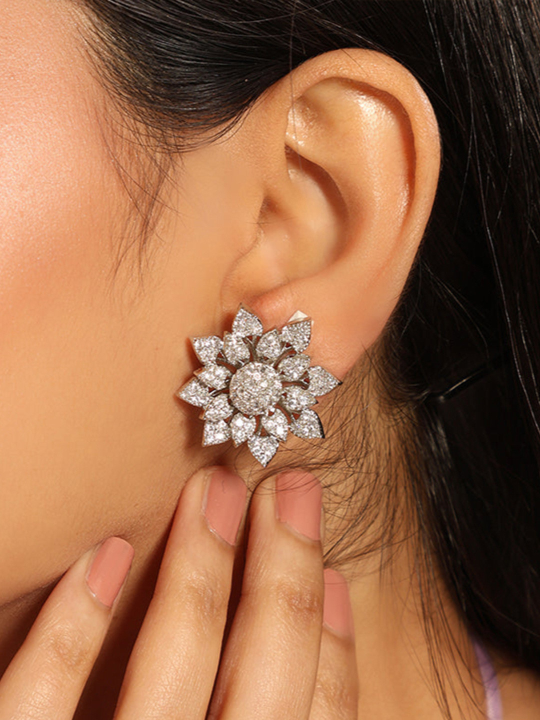 Nuyug  Rhodium-Plated Rhinestone Studded Floral Shaped Statement Studs