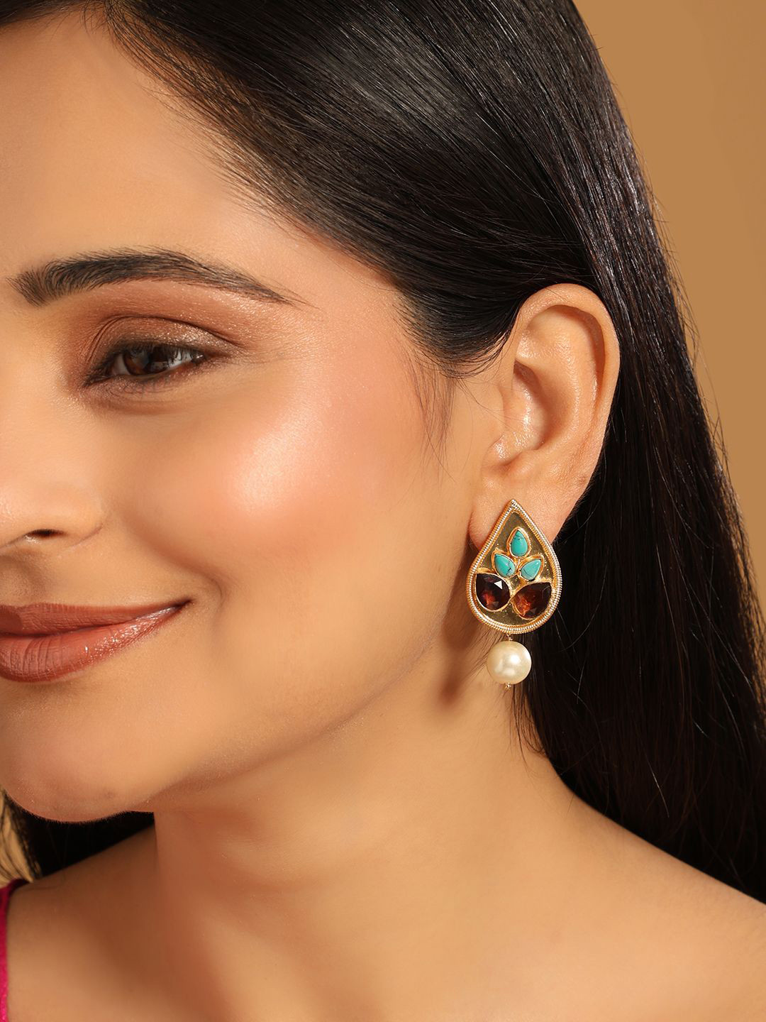 Nuyug  22K Gold Plated Faux Turquoise Stone Studded Contemporary Petal Shape Stud Earrings